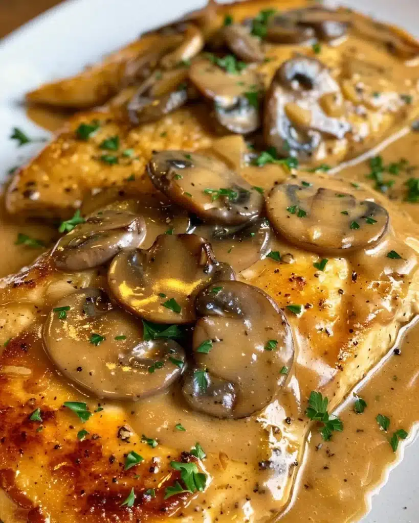 Plate of creamy Chicken Marsala with mushrooms in a rich sauce