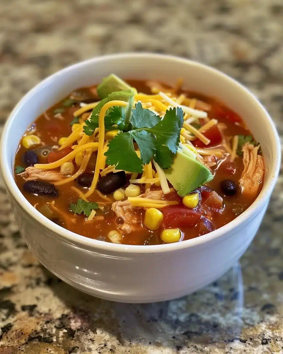 Bowl of creamy Chicken Taco Soup topped with cheese and cilantro