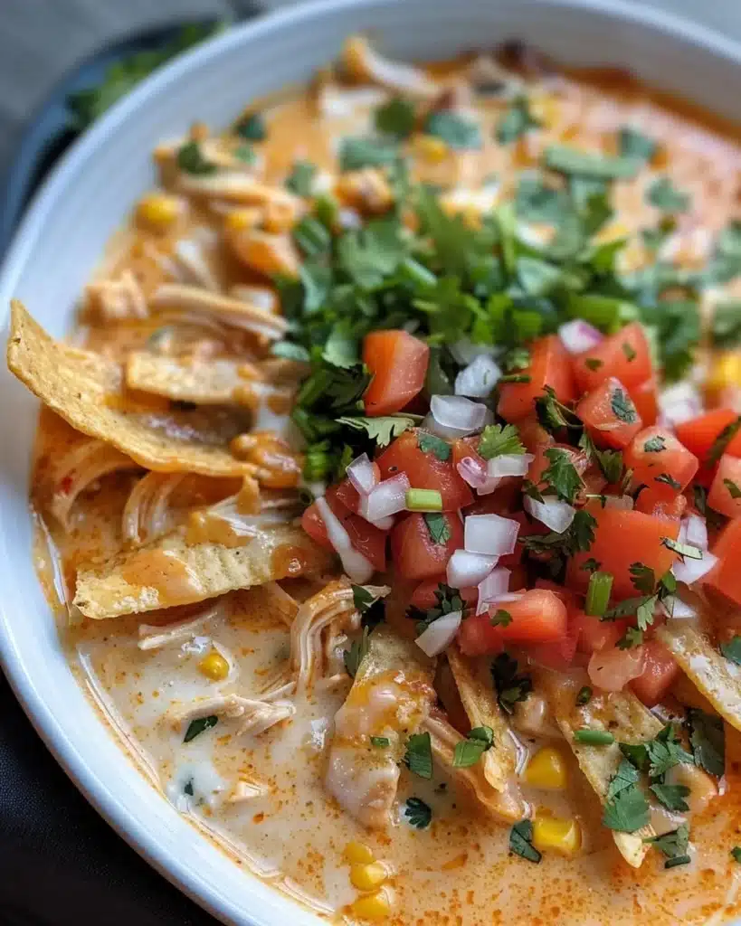 Bowl of creamy chicken tortilla soup topped with tortilla strips and cilantro.