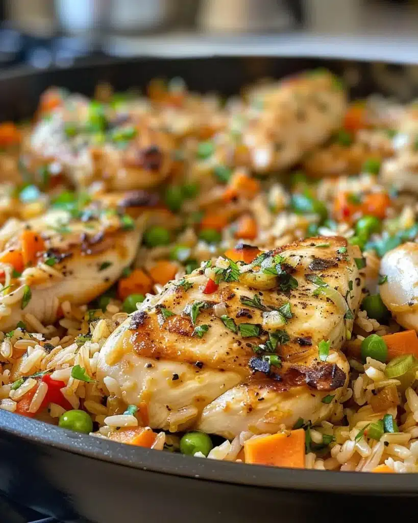 Creamy Instant Pot chicken and rice dish garnished with herbs