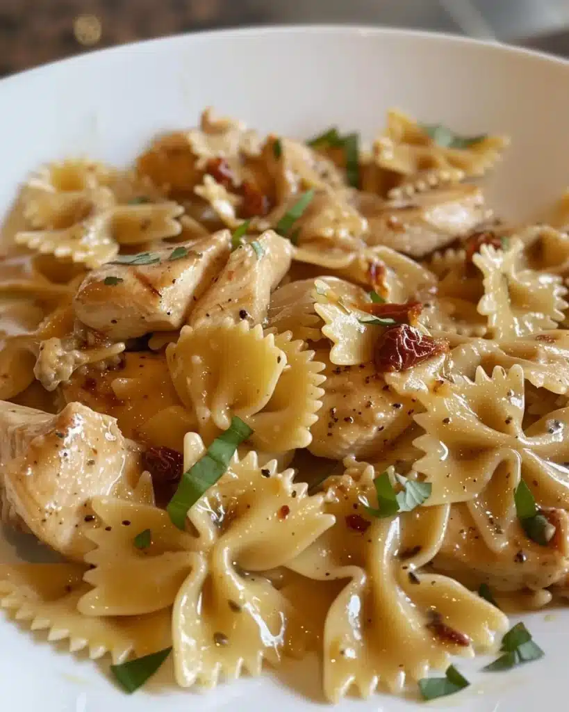 Creamy Marry Me Chicken served with bowtie pasta for a romantic dinner.