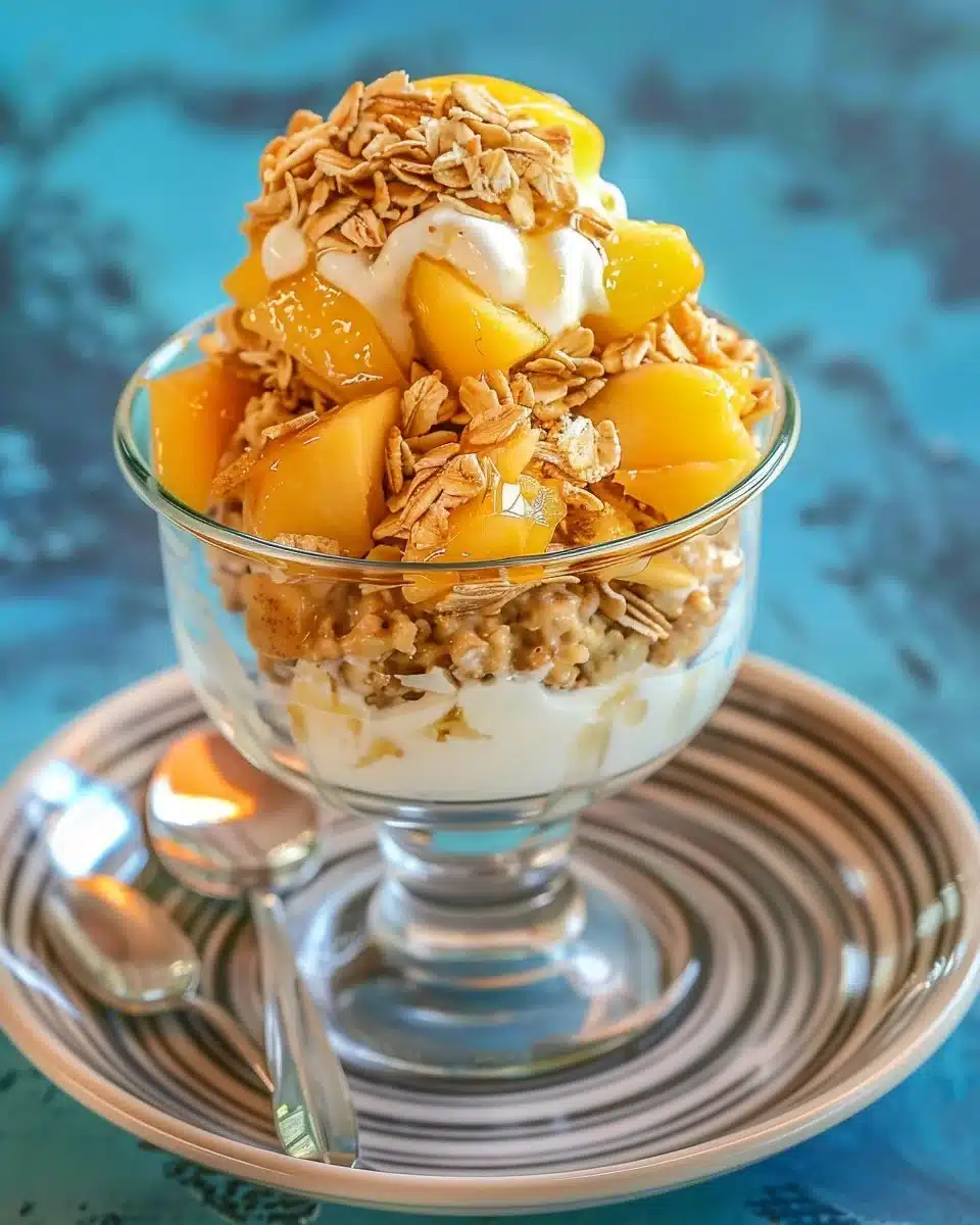 Creamy peach cobbler overnight oats served in a bowl with fresh peaches