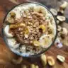 Creamy peanut butter and cottage cheese mousse dessert served in a bowl