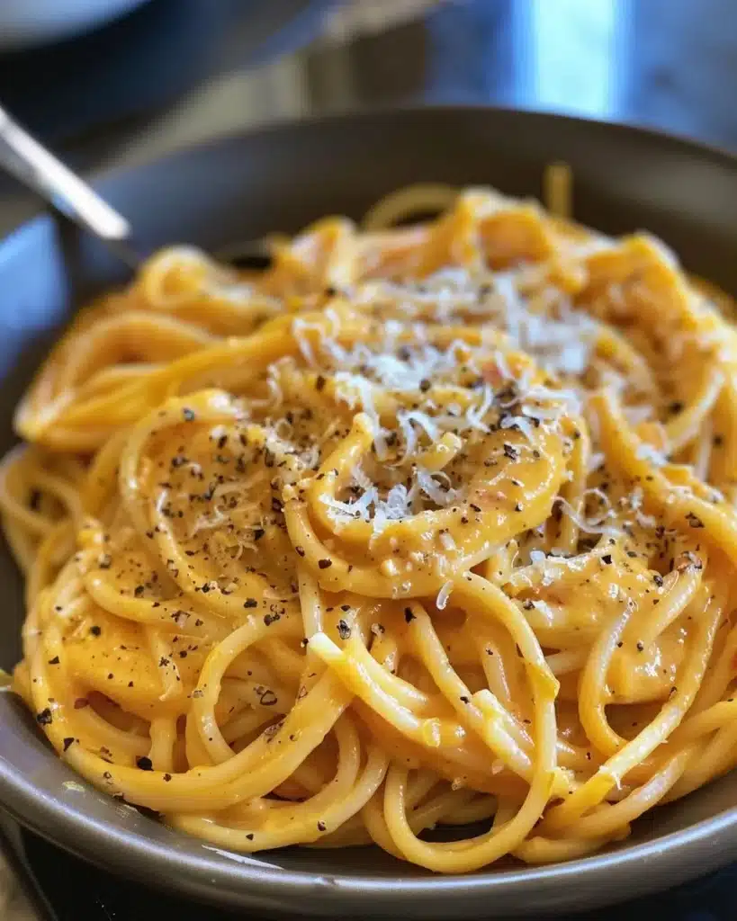 Creamy vegan pumpkin pasta served in a bowl with herbs on top