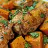 Creamy slow cooker chicken and sweet potato stew in a bowl
