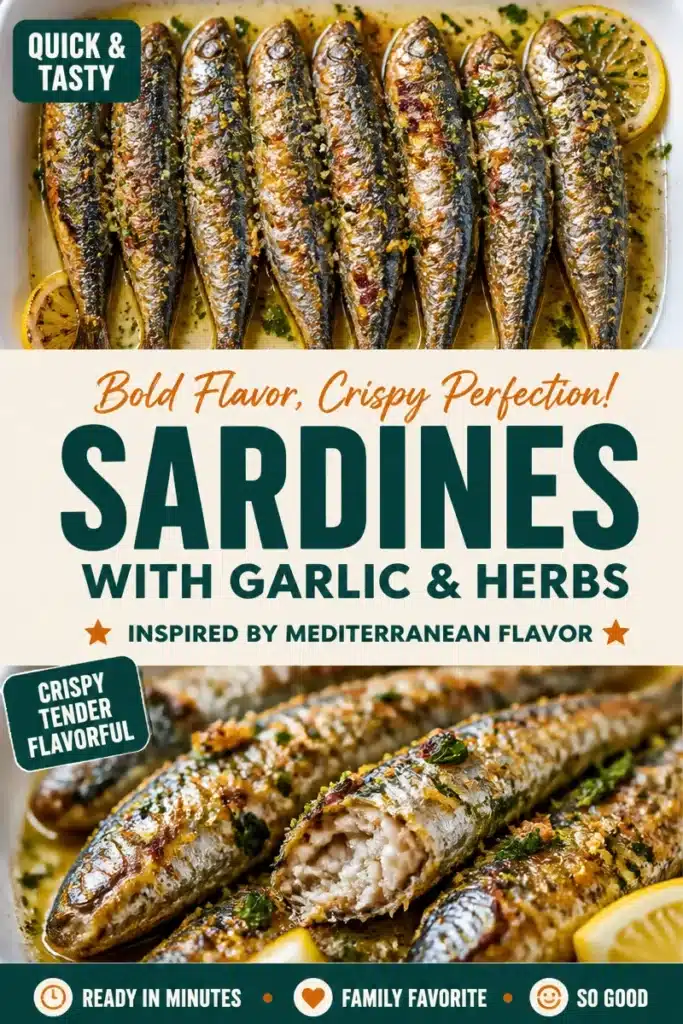 Crispy Mediterranean sardines with garlic and herbs served on a platter