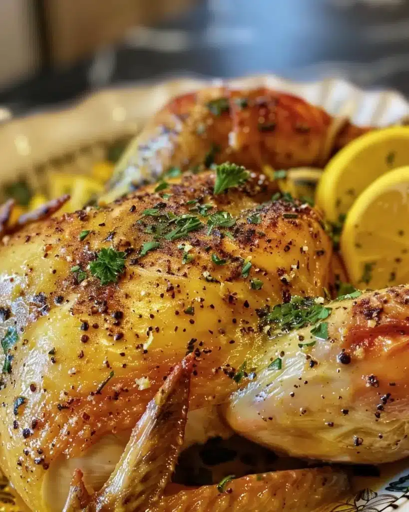 Crispy oven-roasted spatchcock chicken served with herbs and spices