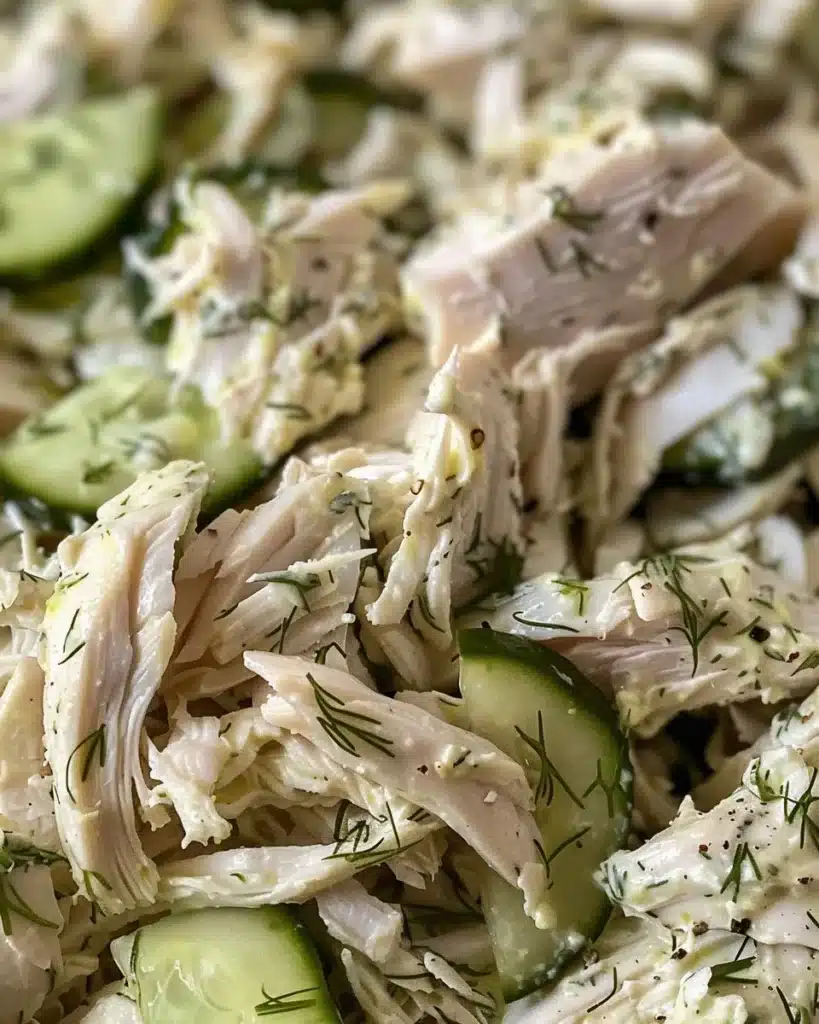 Cucumber dill Greek yogurt rotisserie chicken salad in a bowl