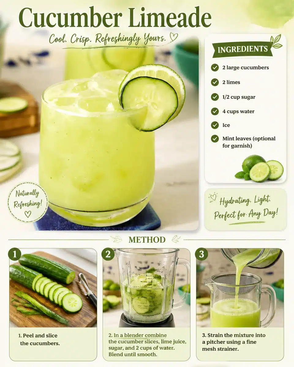 Chilled glass of Cucumber Limeade with fresh cucumber slices and lime wedges