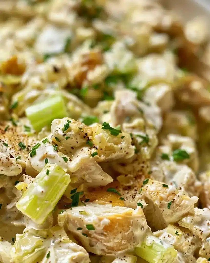 Bowl of easy chicken salad with fresh vegetables and dressing