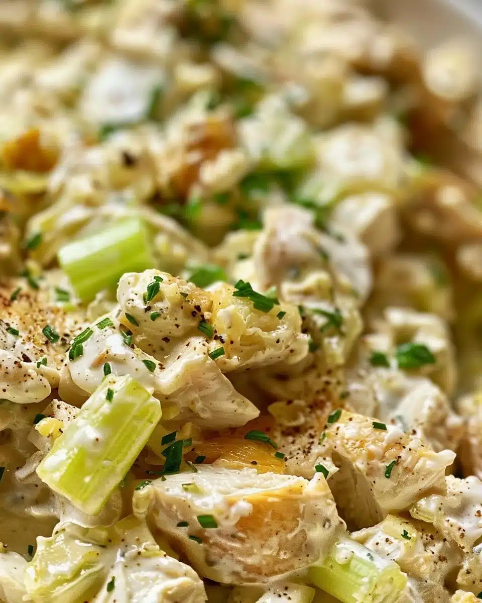 Bowl of easy chicken salad with fresh vegetables and dressing