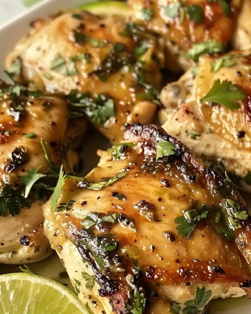 Plate of easy cilantro lime chicken garnished with fresh cilantro
