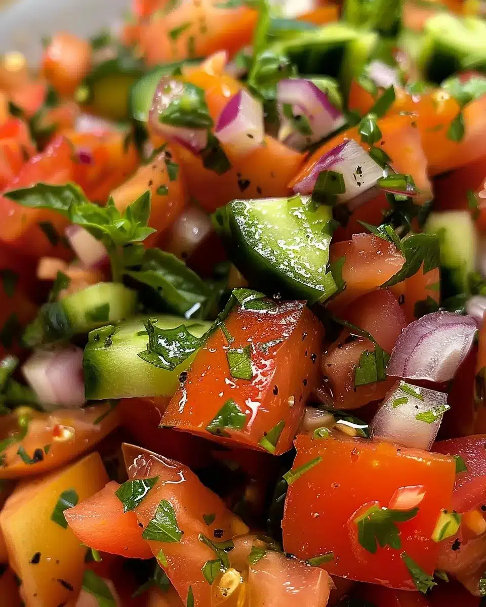 A bowl of easy gazpacho topped with fresh herbs and vegetables