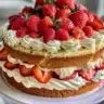 Homemade strawberry shortcake topped with fresh strawberries and whipped cream