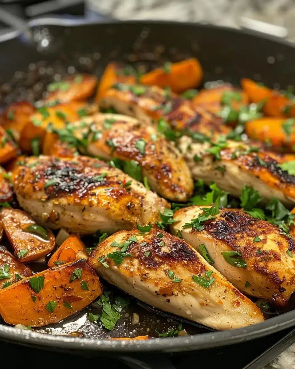 Garlic Herb Chicken with Sweet Potatoes on a sheet pan for meal prep