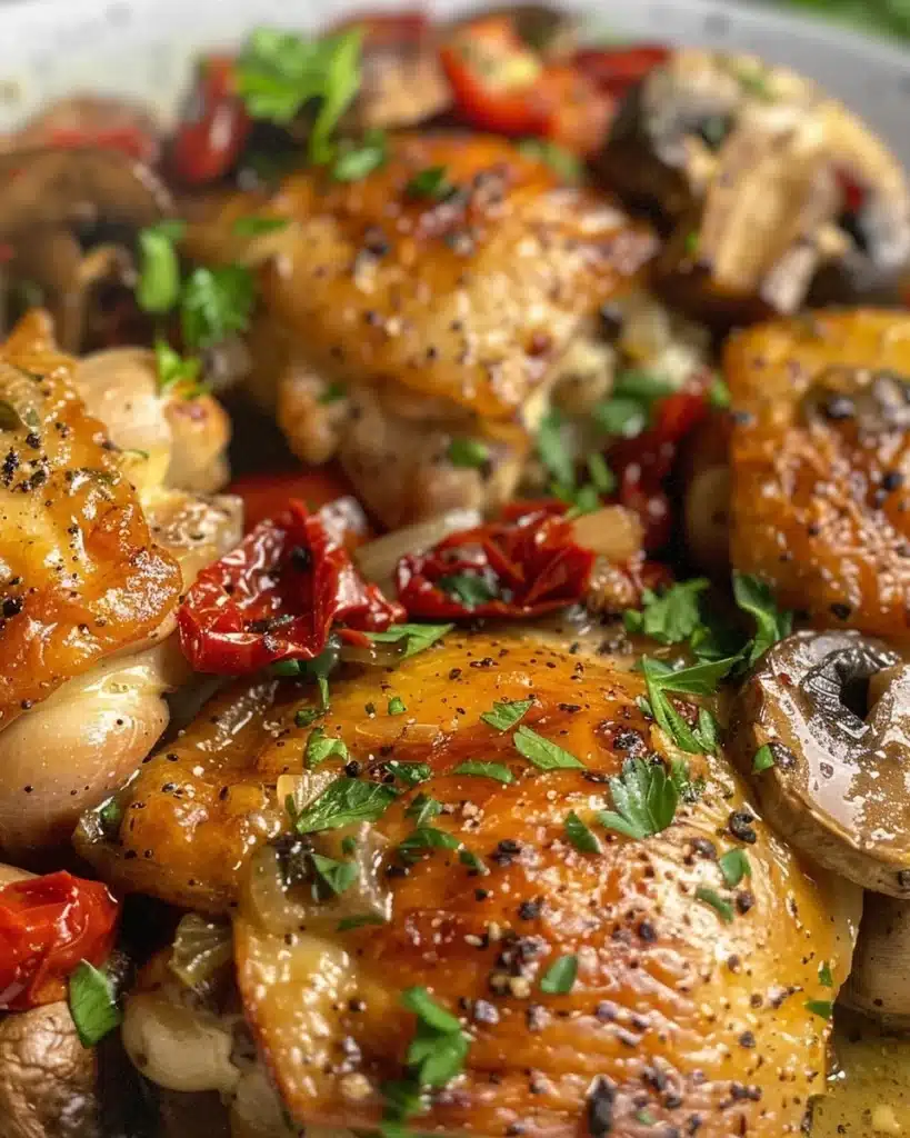 Delicious Garlic Mushroom Chicken Thighs served on a plate with herbs garnish.