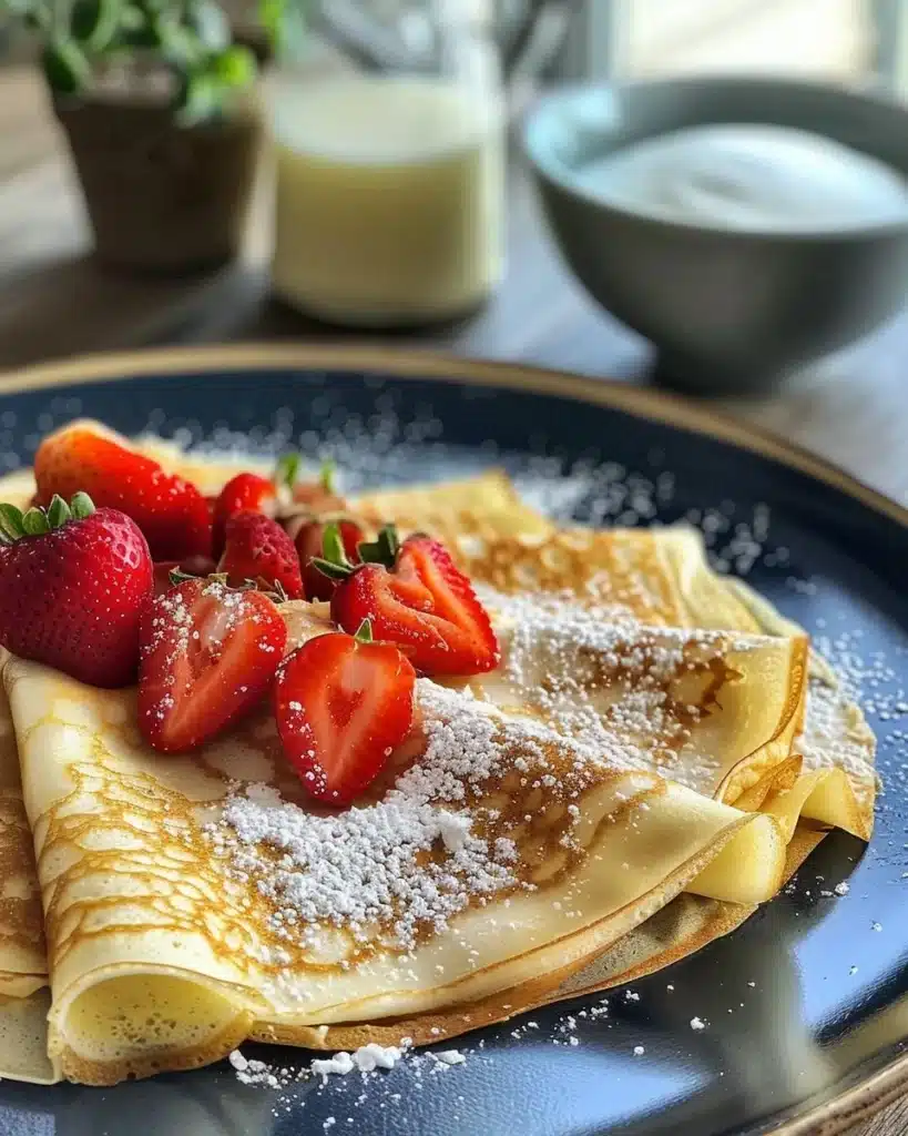 Delicious gluten free crepes served with fresh fruit and syrup