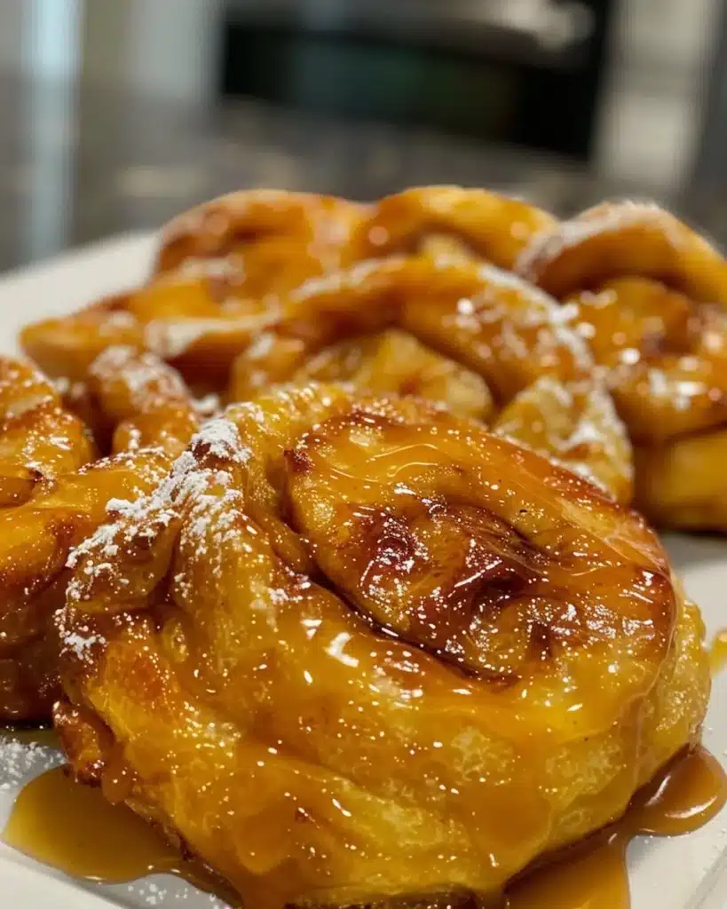 Gooey caramel apple cinnamon rolls topped with caramel drizzle and apple slices