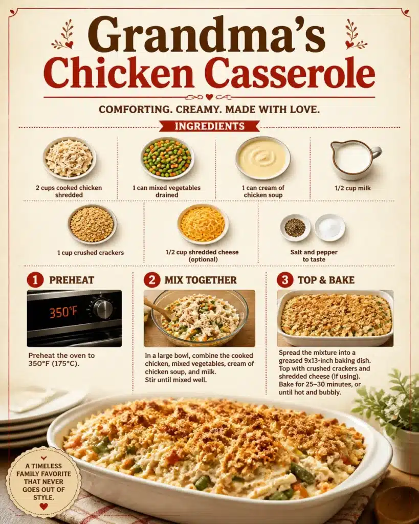 A warm serving of Grandma's Chicken Casserole in a dish, garnished with herbs.