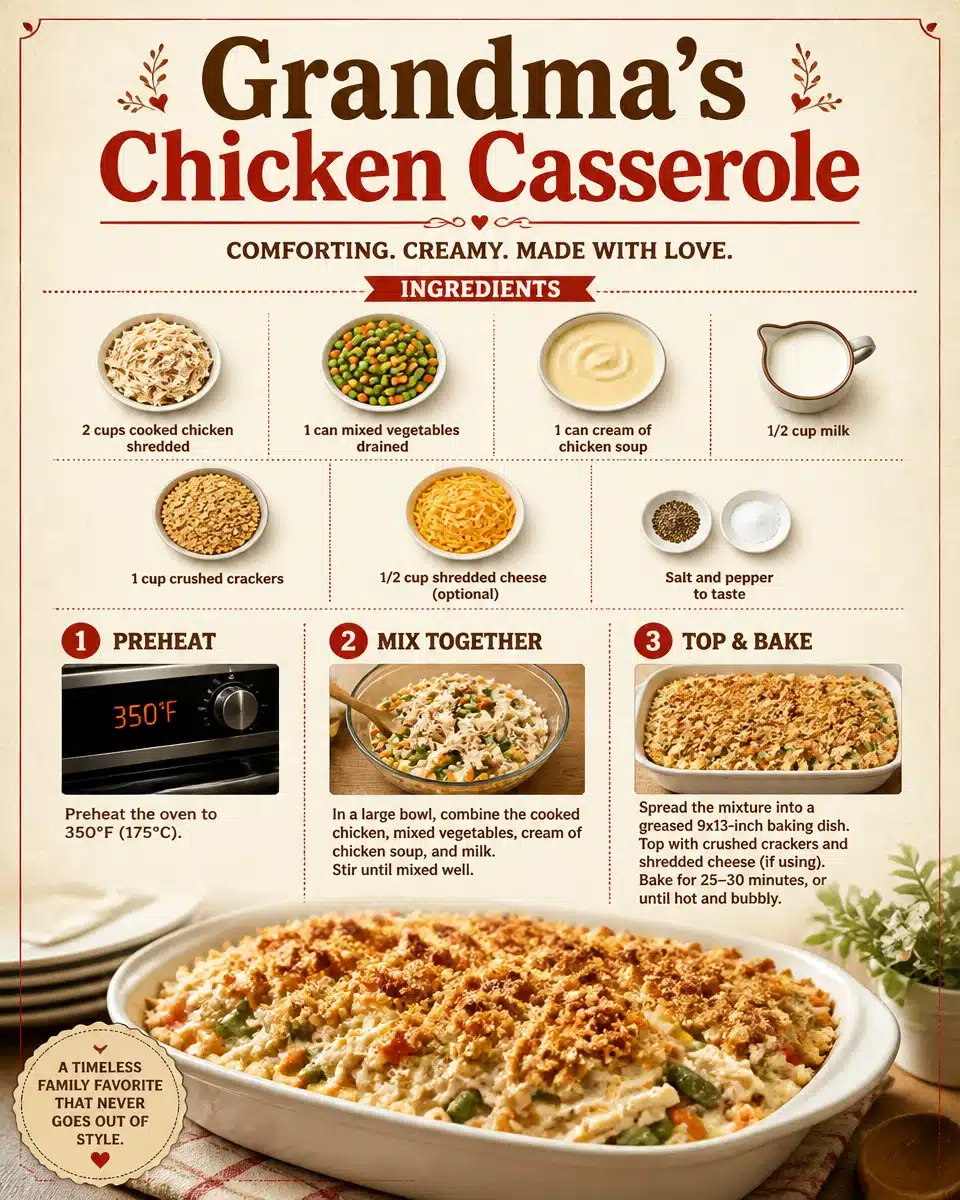 A warm serving of Grandma's Chicken Casserole in a dish, garnished with herbs.