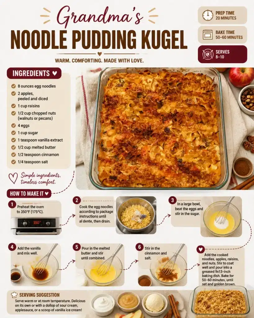 Delicious homemade noodle pudding kugel served in a warm dish