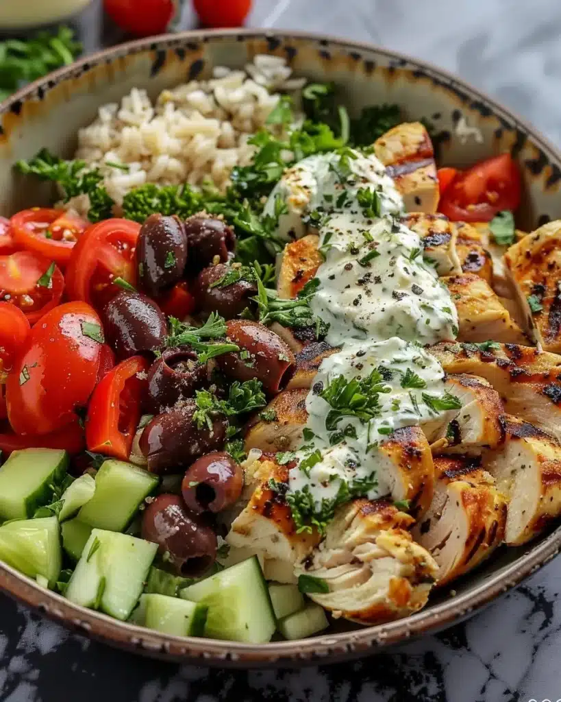 Delicious Greek Chicken Bowls with fresh vegetables and herbs.