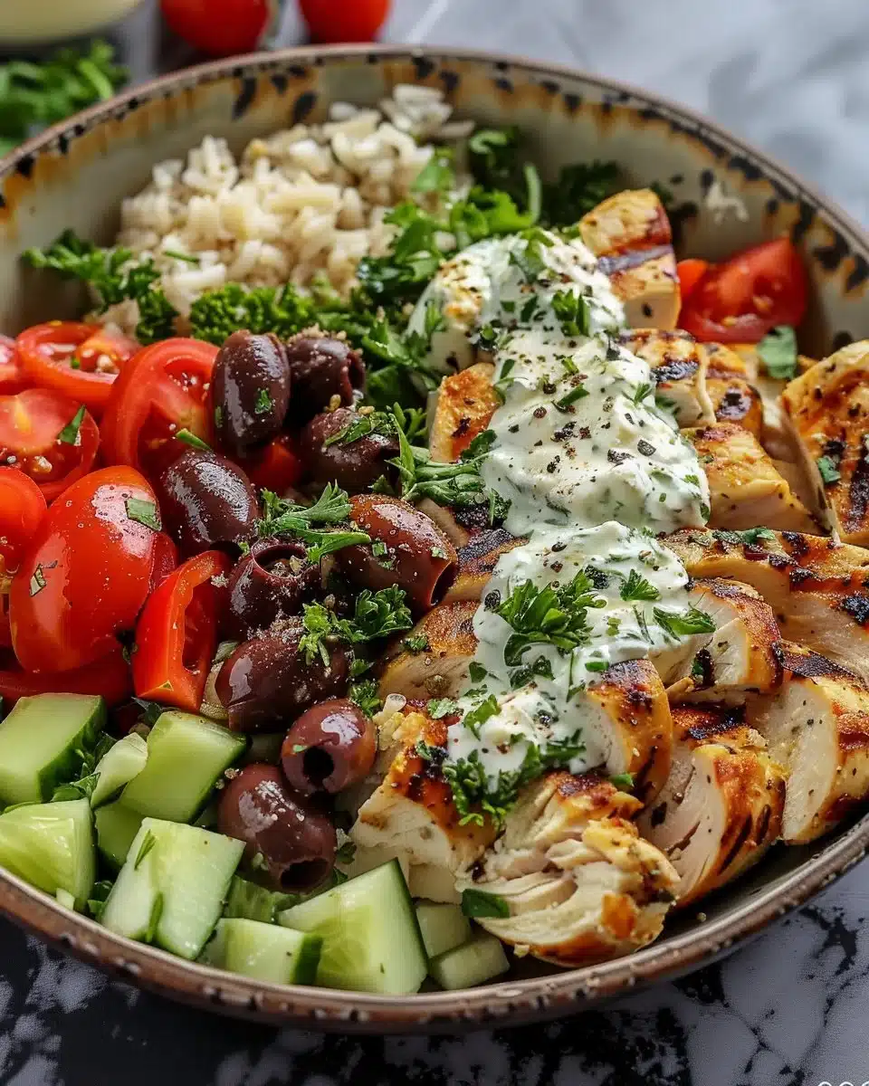 Delicious Greek Chicken Bowls with fresh vegetables and herbs.