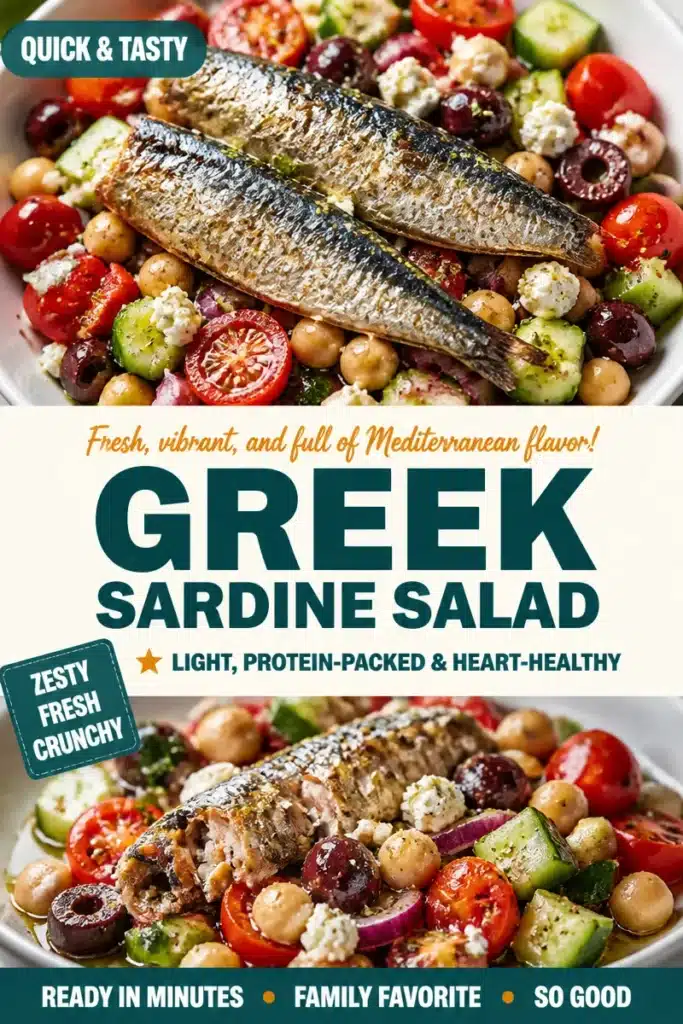 Delicious Greek sardine salad with fresh vegetables and dressing