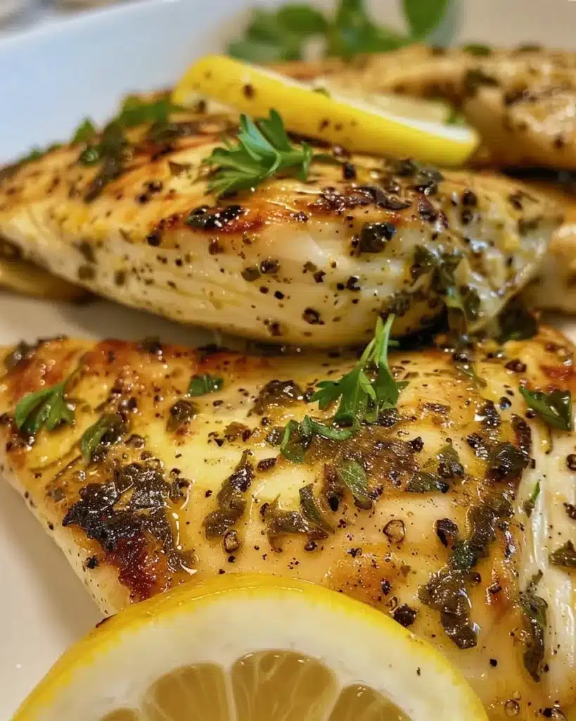 Plate of Greek-Style yogurt-marinated chicken garnished with herbs.