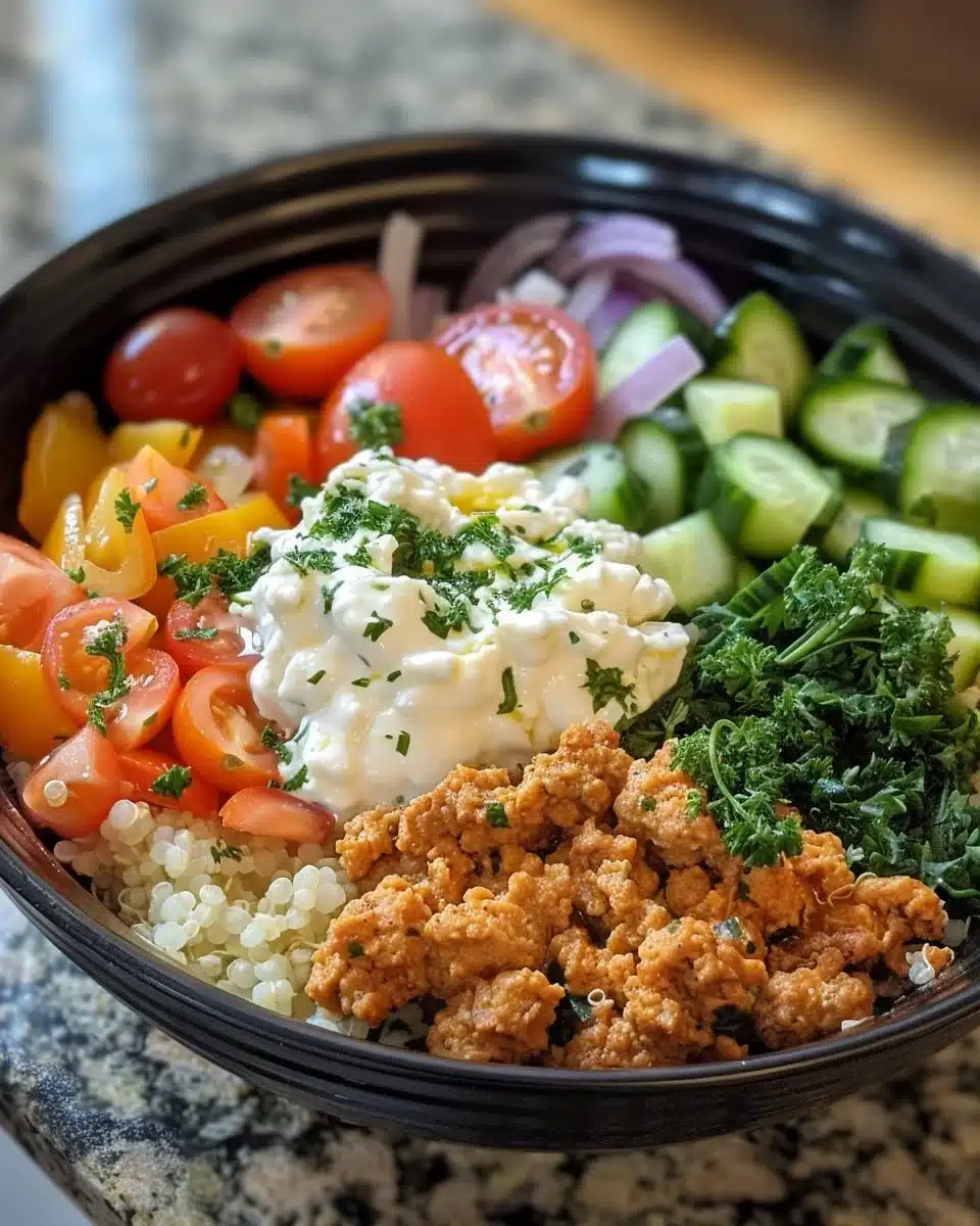 Delicious Greek Turkey Meatball Bowls with quinoa and tzatziki sauce