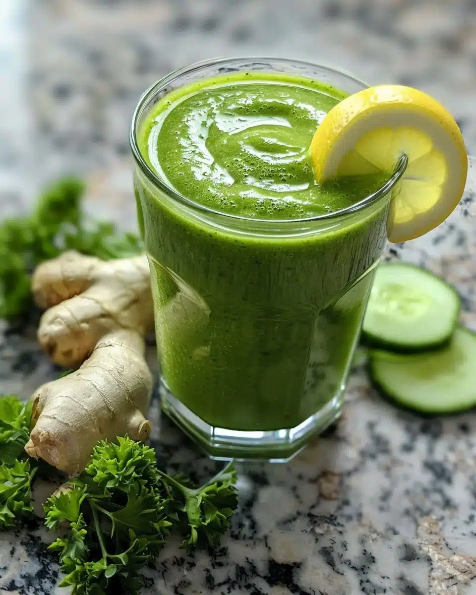 Fresh green juice made from spinach, kale, and apple in a glass.