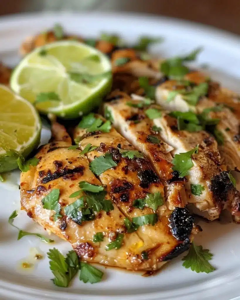 Juicy grilled cilantro lime chicken garnished with fresh herbs.