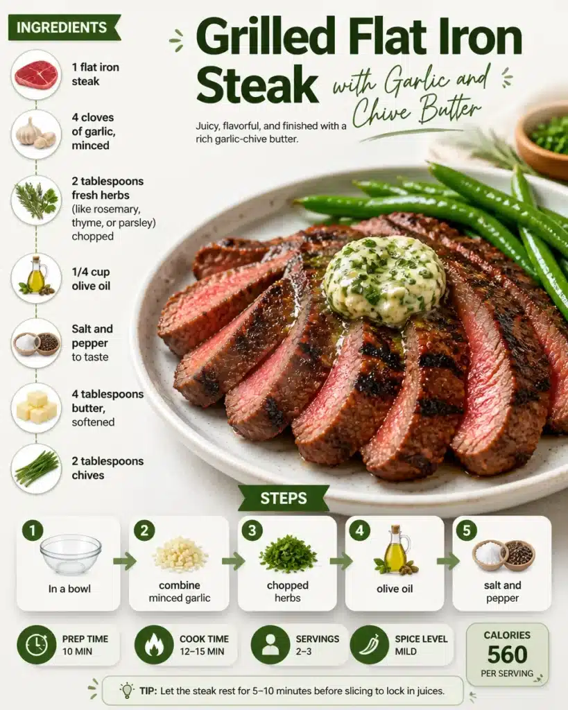 Grilled flat iron steak served with garlic and chive butter on a plate.