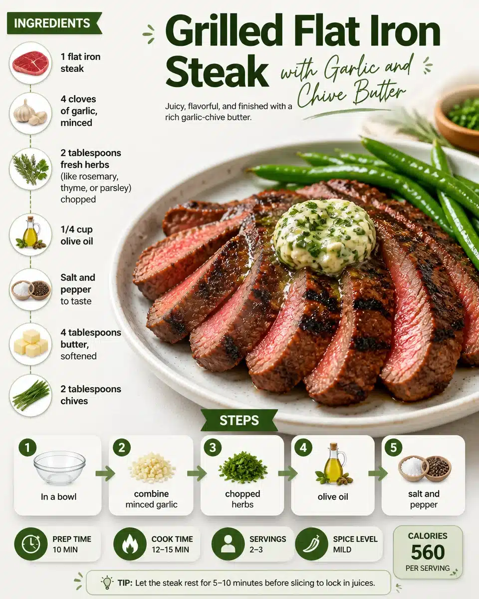 Grilled flat iron steak served with garlic and chive butter on a plate.