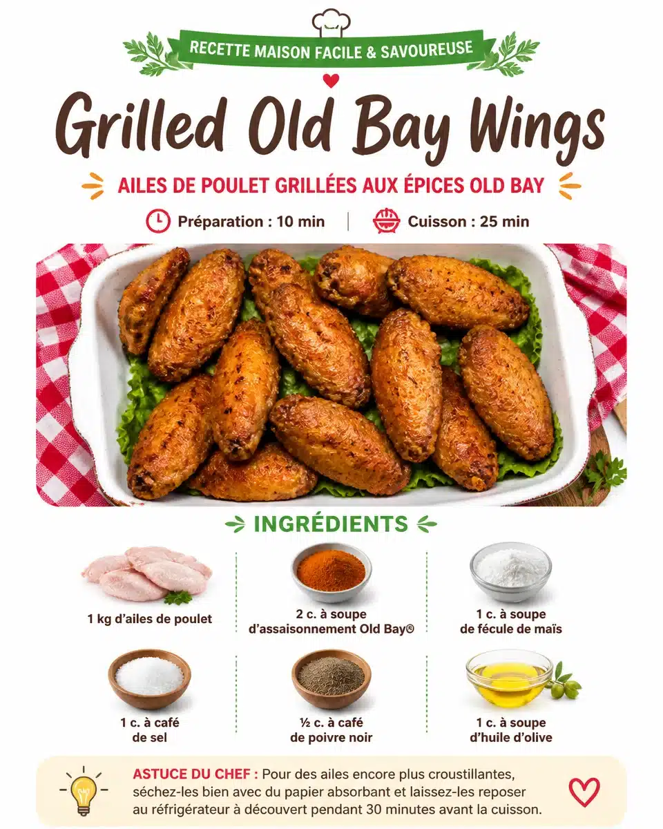 Plate of grilled Old Bay wings garnished with herbs and served with dipping sauce