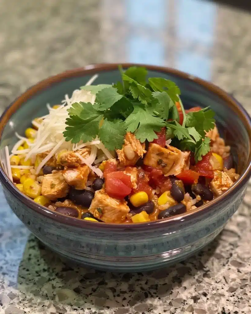 Healthy chicken burrito casserole topped with fresh ingredients and cheese