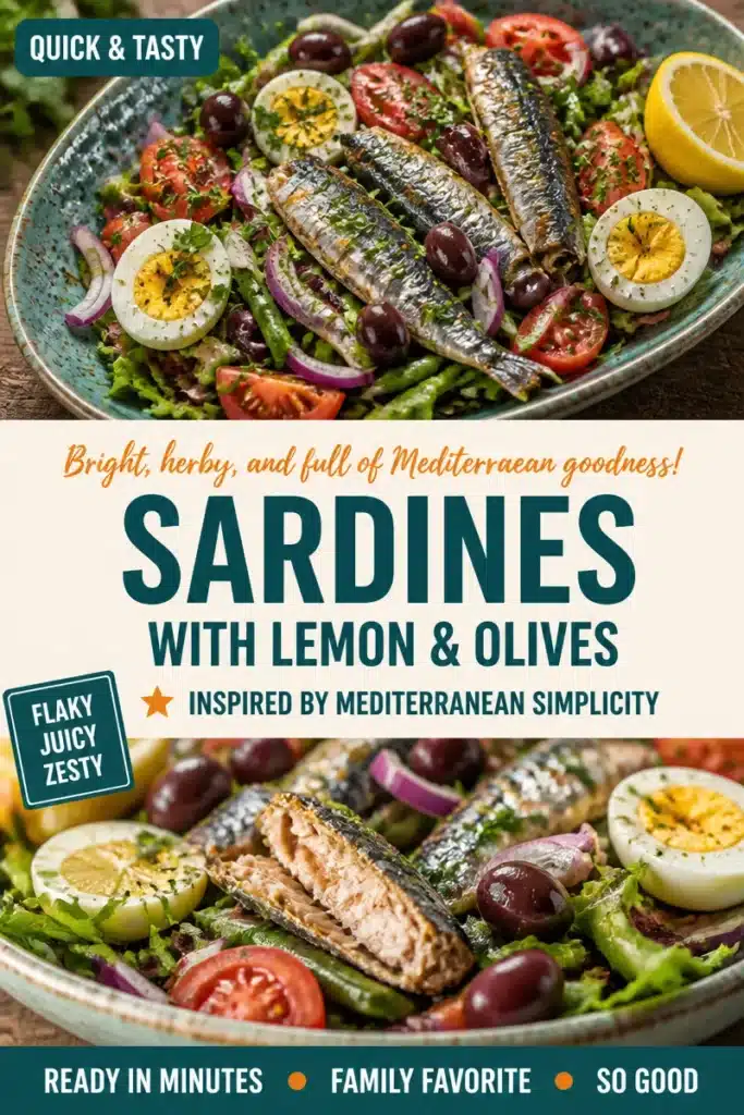 Herbed Mediterranean sardines with lemon and olives on a plate