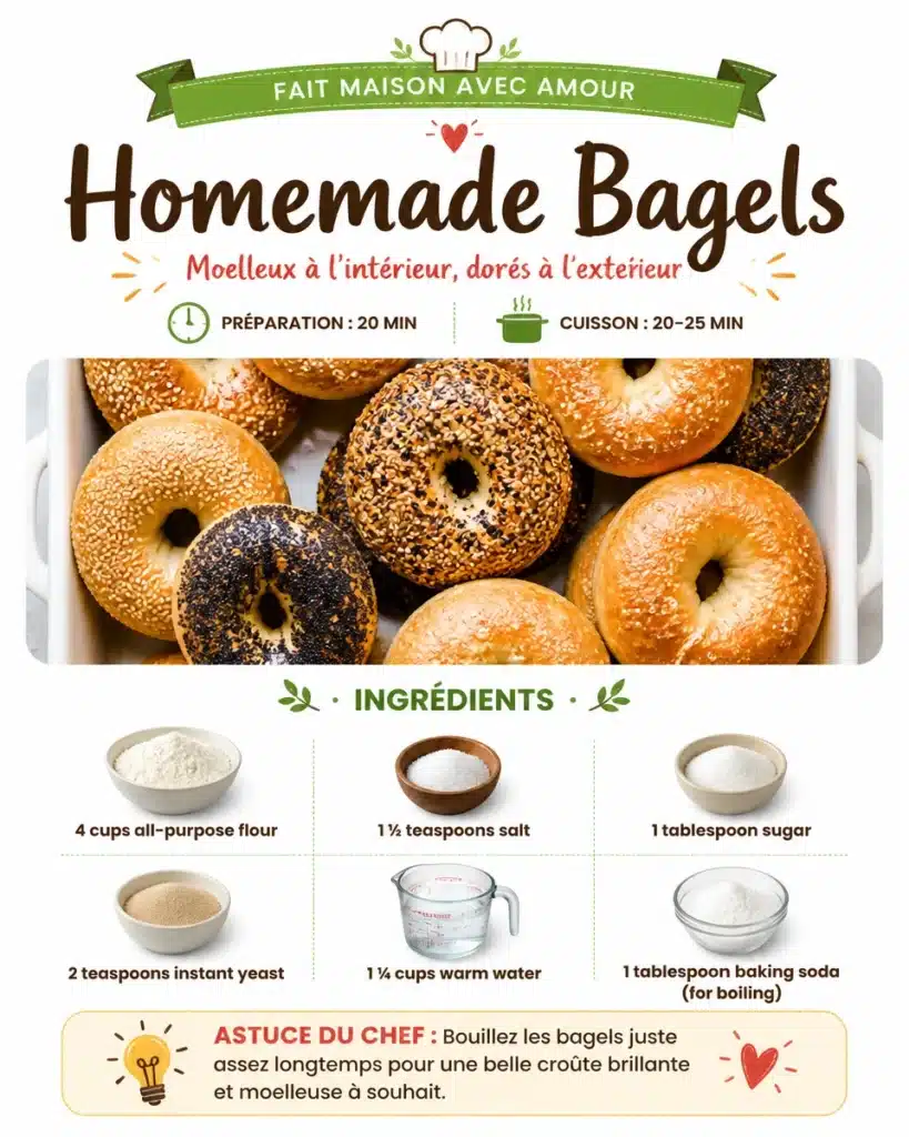 Freshly baked homemade bagels topped with sesame seeds on a wooden table
