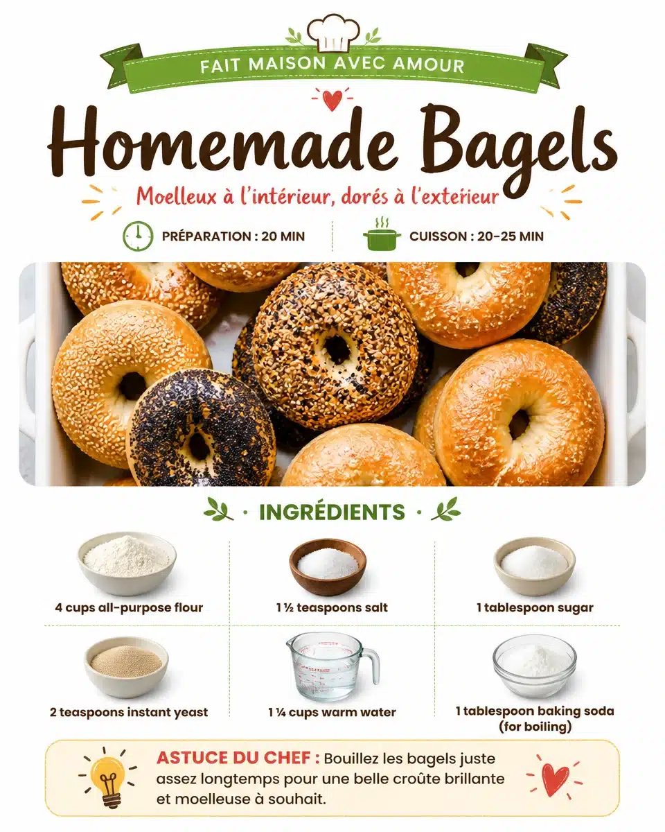 Freshly baked homemade bagels topped with sesame seeds on a wooden table