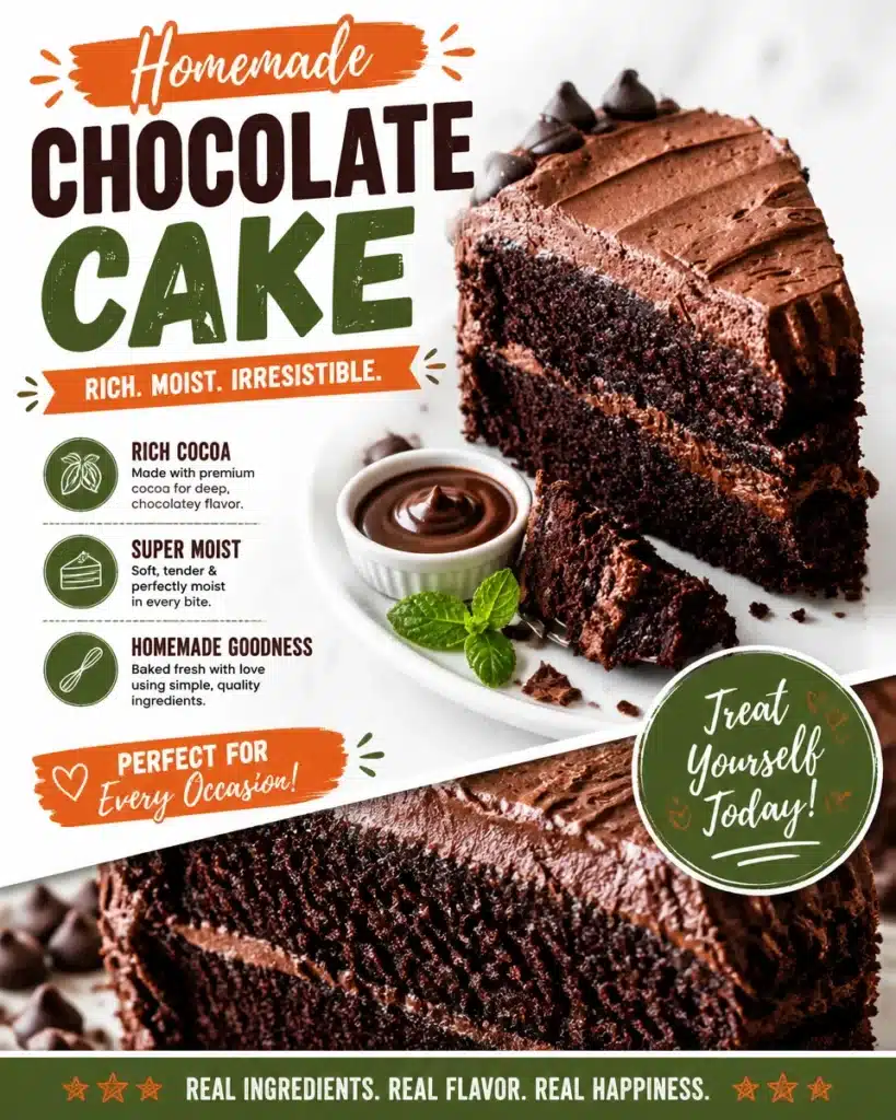 Delicious homemade chocolate cake topped with chocolate frosting