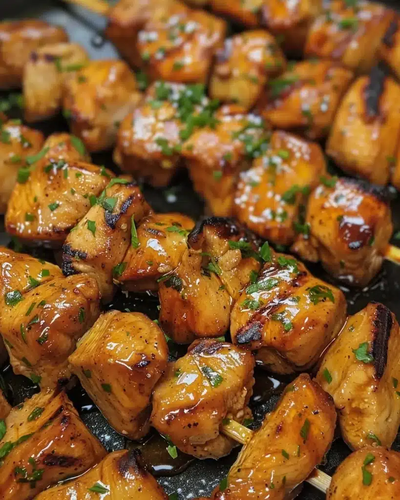 Honey Garlic Chicken Skewers served on a plate garnished with herbs