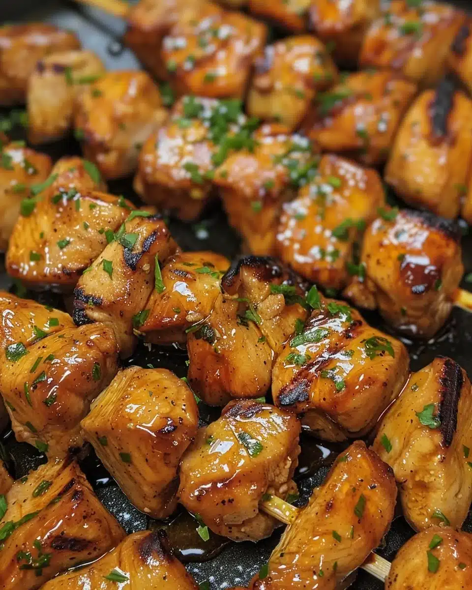 Honey Garlic Chicken Skewers served on a plate garnished with herbs