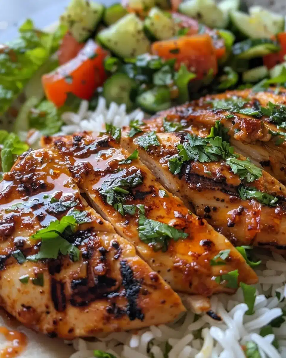 A delicious honey-glazed harissa chicken bowl with colorful vegetables and grains