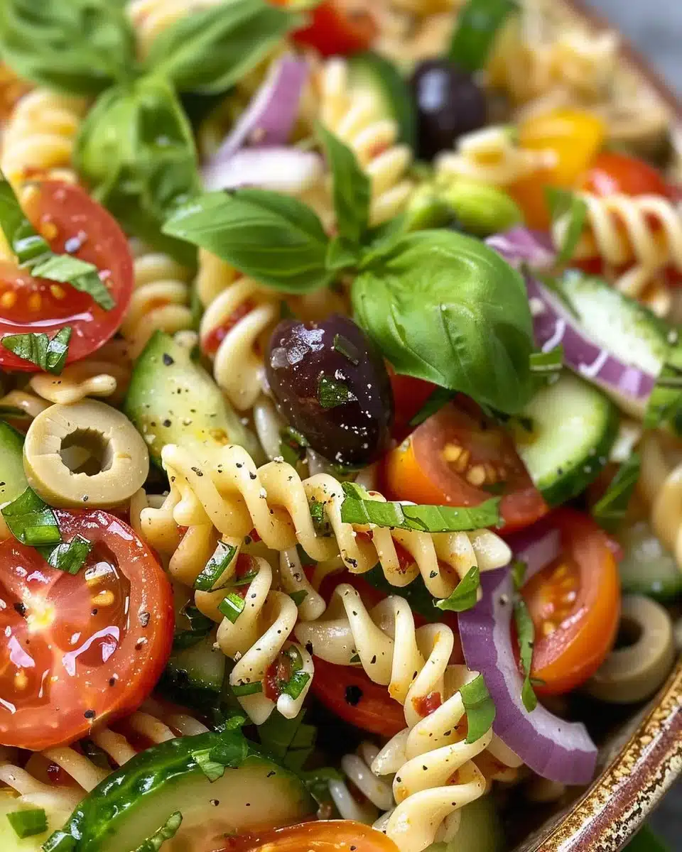 Bowl of colorful Italian Pasta Salad with vegetables and herbs