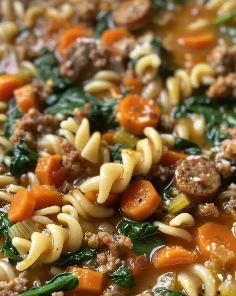 Bowl of hearty Italian sausage soup with vegetables and herbs.