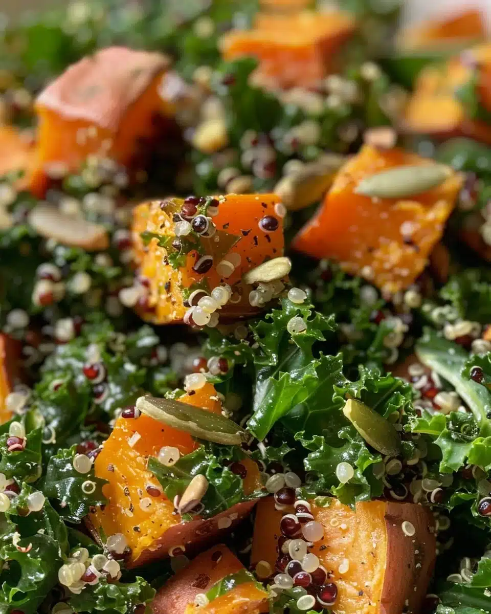Colorful Kale Sweet Potato Salad with Quinoa and Dijon Dressing in a bowl