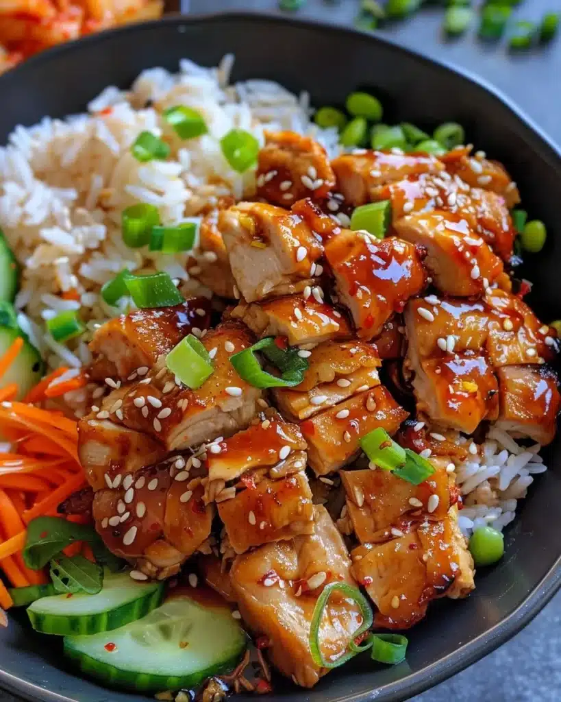 Korean BBQ chicken bowls topped with vegetables and served in a bowl