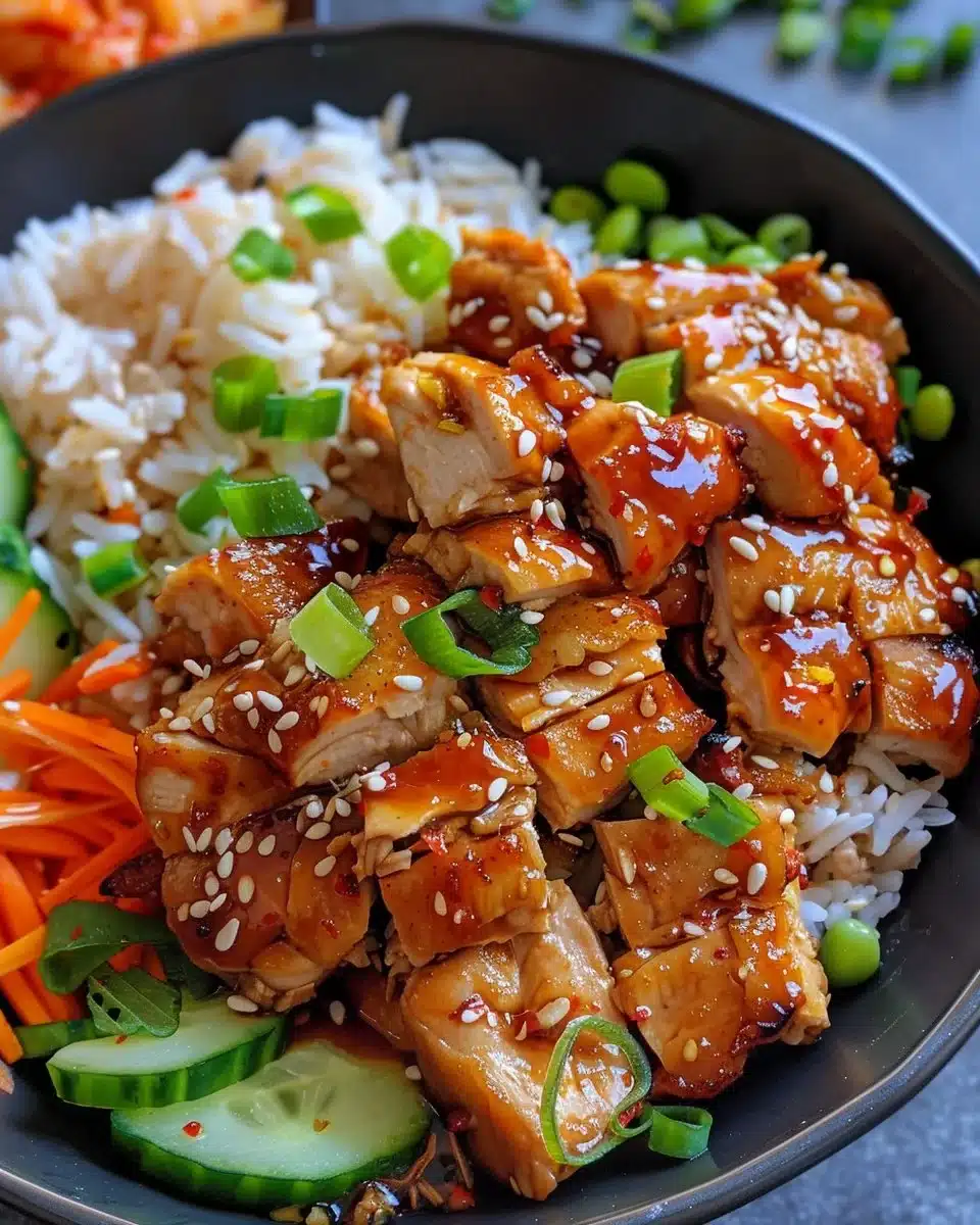 Korean BBQ chicken bowls topped with vegetables and served in a bowl