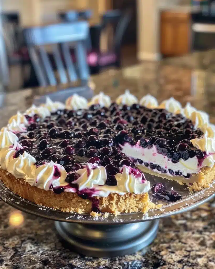 Slice of moist lemon blueberry cake topped with fresh blueberries and lemon zest