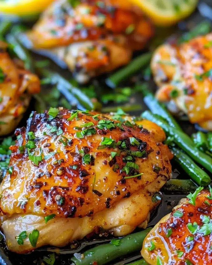 Lemon Garlic Butter Chicken Thighs served on a plate with fresh herbs